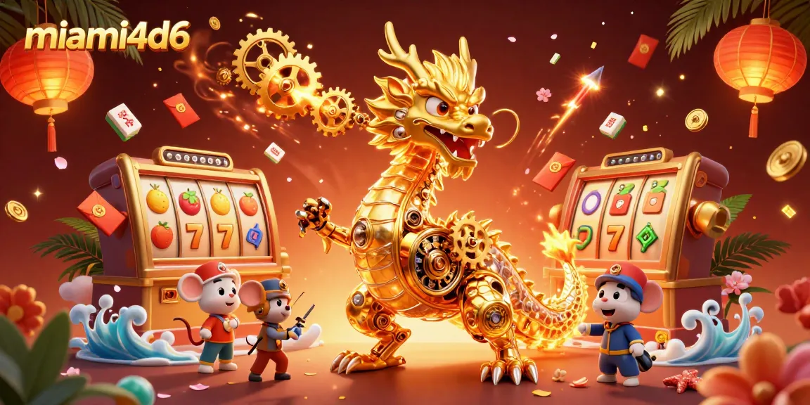 Experience the excitement of miami4d6 with vibrant slot reels and a golden dragon illustration.