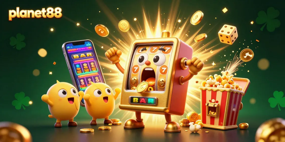 Experience jackpots on planet88 with a lively golden slot machine bursting coins in a vibrant casino setting.