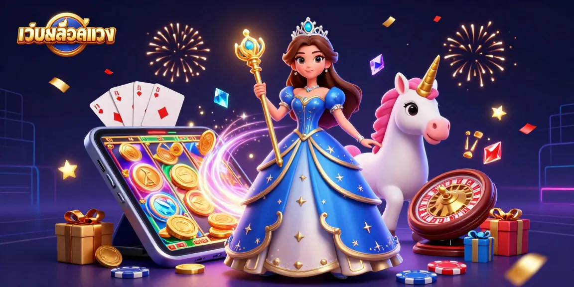 Experience the excitement of เว็บสล็อตตรง with vibrant casino elements and a magical illustration.