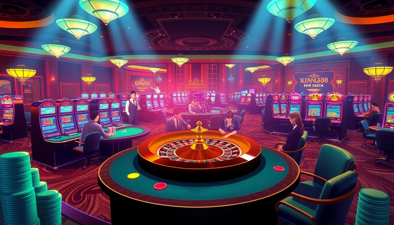 Experience the excitement of KING88 with vibrant casino tables and lively betting action.