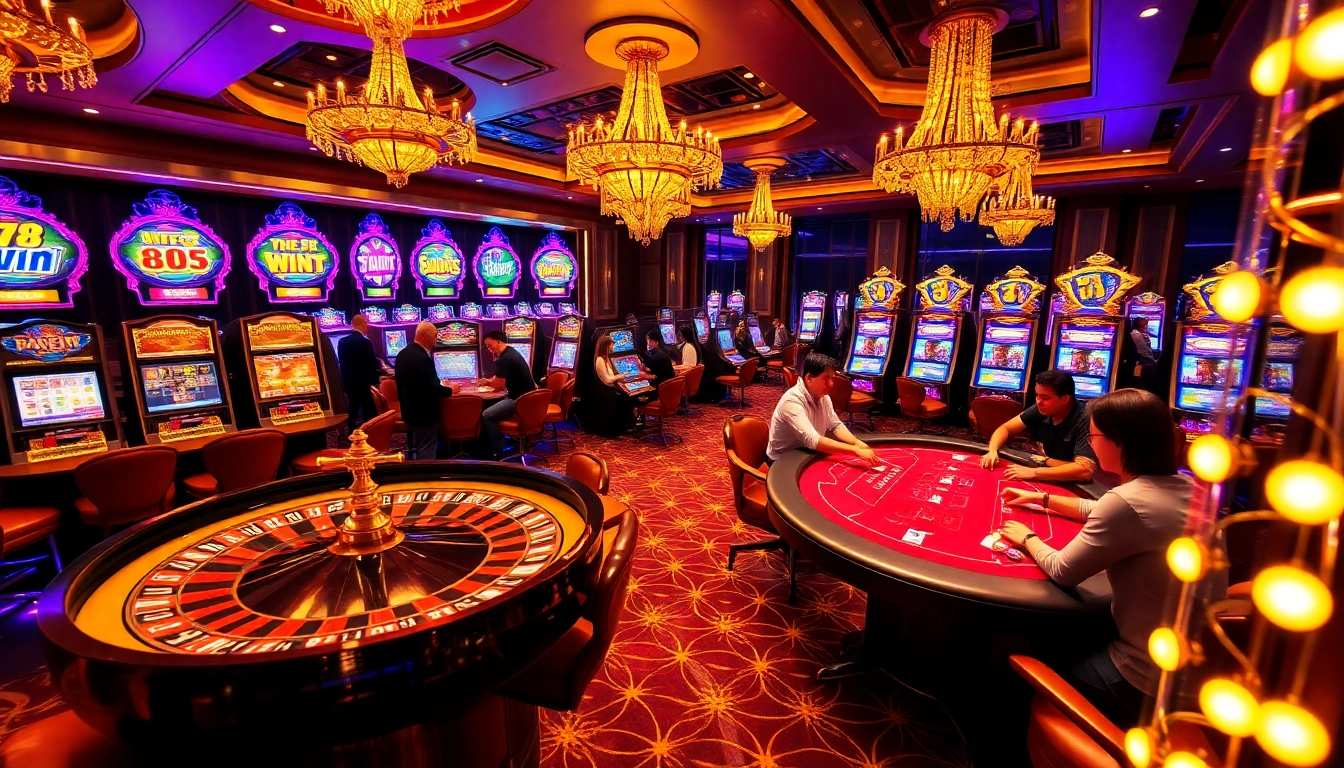 Excited gamblers engaging at the gaming tables and slot machines on Trang Chủ 78WIN, highlighting excitement and luxury.