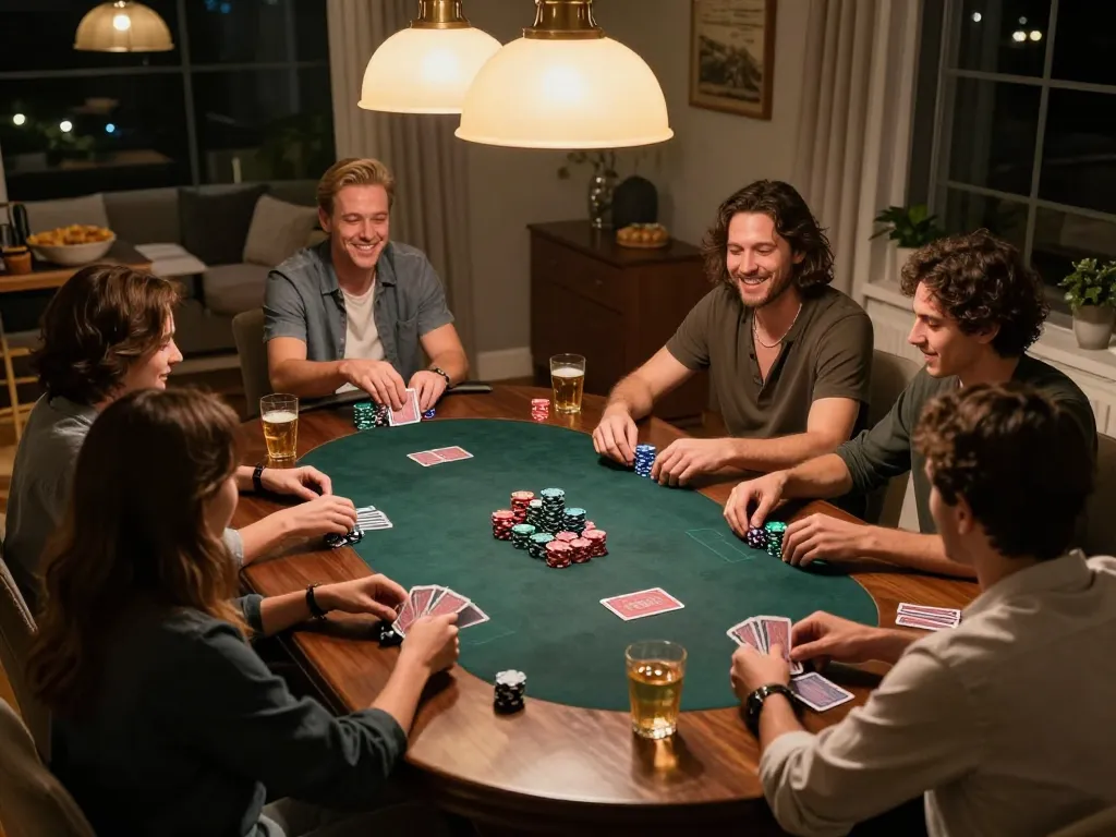 Players enjoying a friendly poker game atmosphere at home, showcasing sc88 strategies and social interactions.