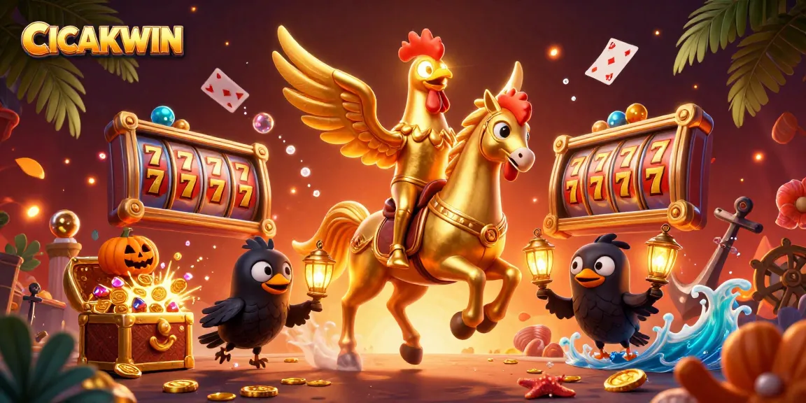CICAKWIN showcases an epic casino scene with a golden rooster and vibrant treasures during gameplay.