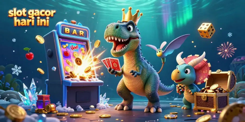 Experience slot gacor hari ini with a fun 3D scene of cartoon dinosaurs engaging in casino activities.