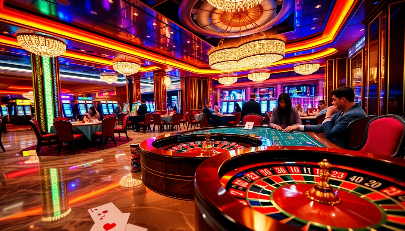 Experience the thrill of game bài đổi thưởng at an upscale casino table surrounded by vibrant colors.