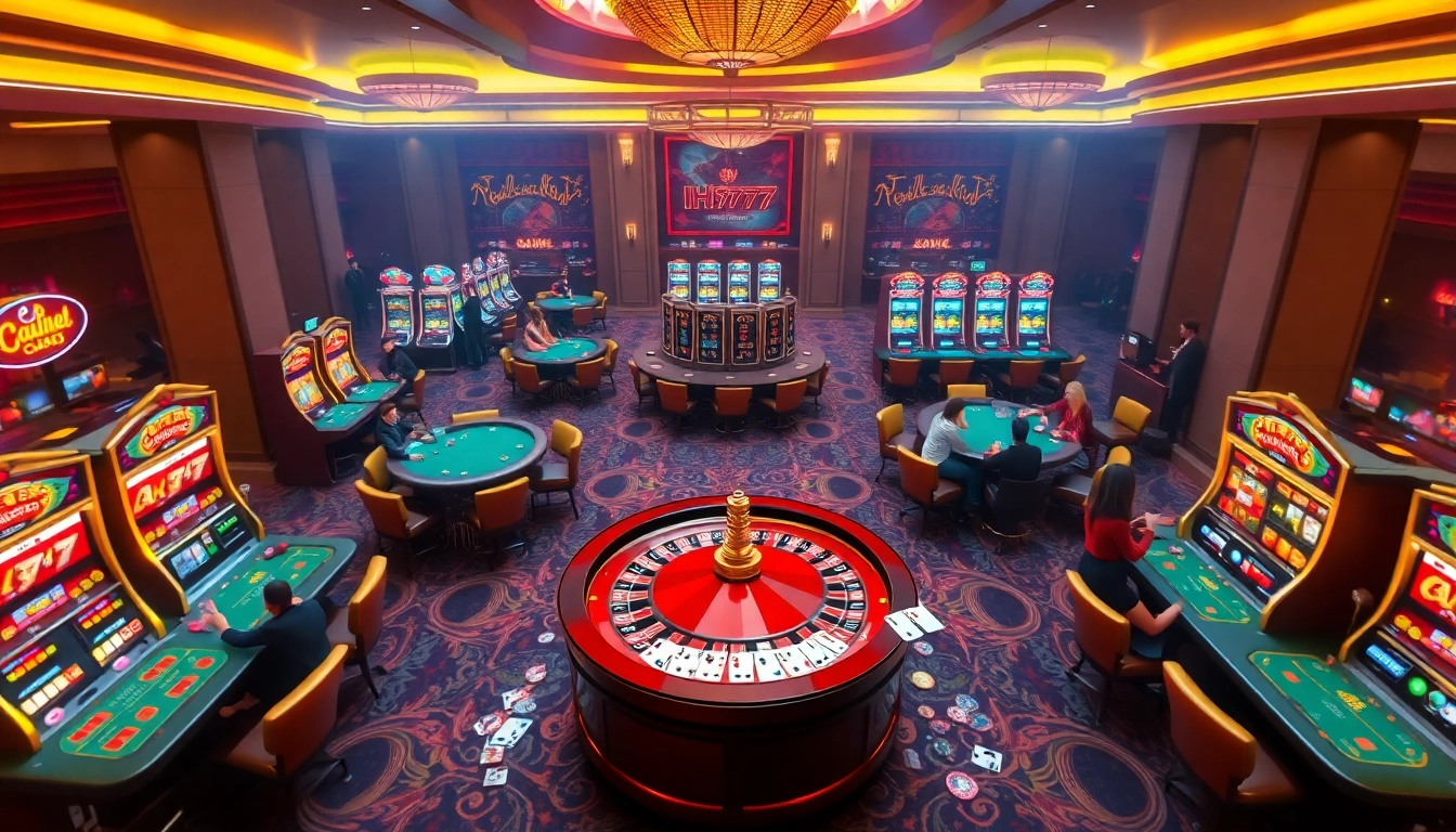 Play exciting games at IH777 casino, showcasing vibrant slot machines and immersive gaming tables.