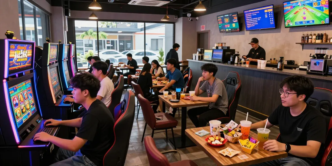 Exciting gaming cafe scene with players enjoying pajaktoto slot machines, showcasing vibrant atmosphere.