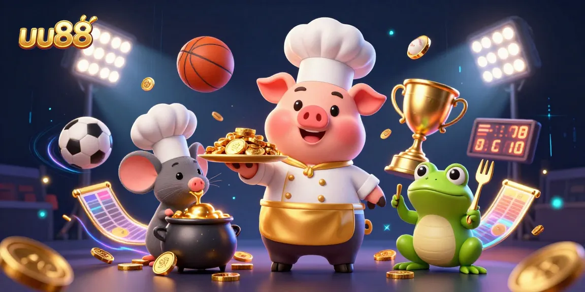 Engaging scene with uu88's chef pig and characters interacting in a casino-themed adventure.