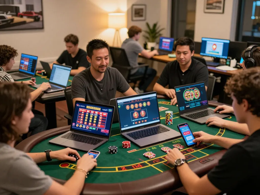 Engaged players enjoying online games at 88AA.COM in a lively home office setting