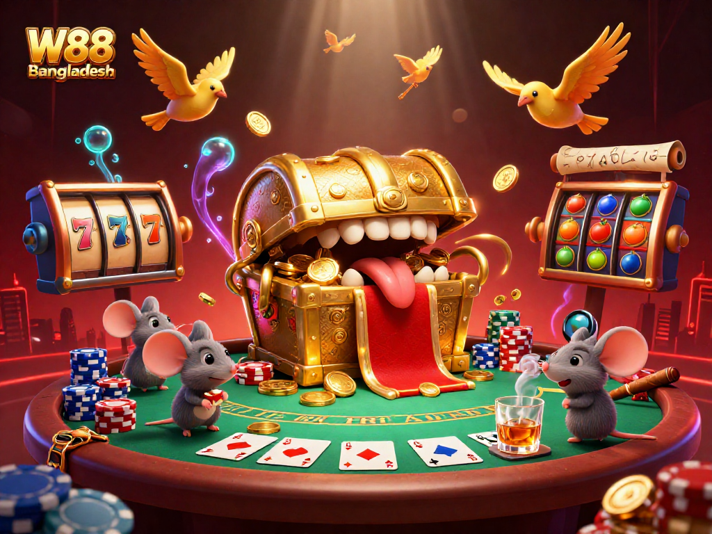 Chơi game hấp dẫn tại W88 Bangladesh với hình ảnh những chiếc rương vàng và bàn poker, tràn đầy màu sắc.