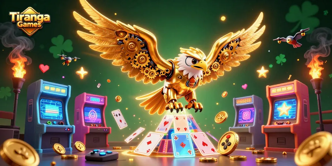 Tiranga Games showcases a thrilling 3D illustration with a cybernetic eagle and arcade game elements.