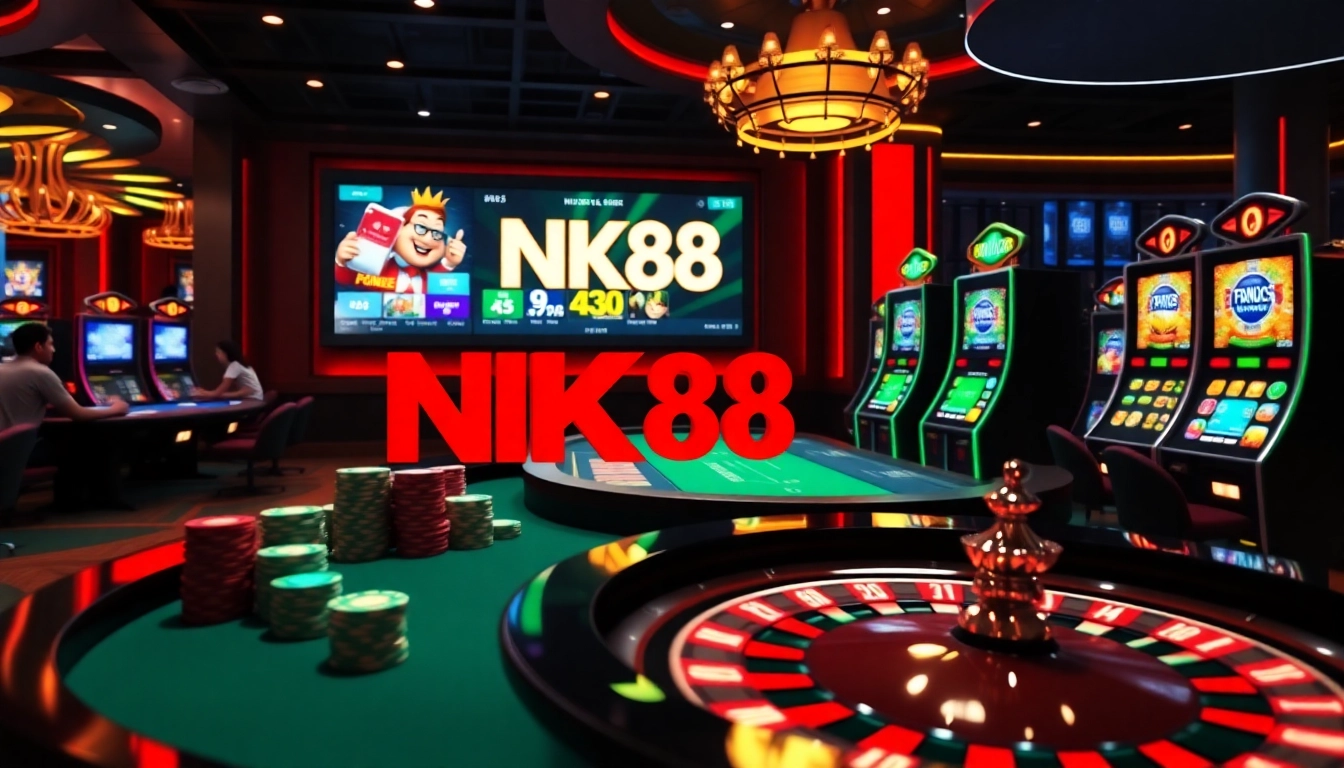 Experience high-stakes gaming at NK88 with vibrant slot machines and roulette action.