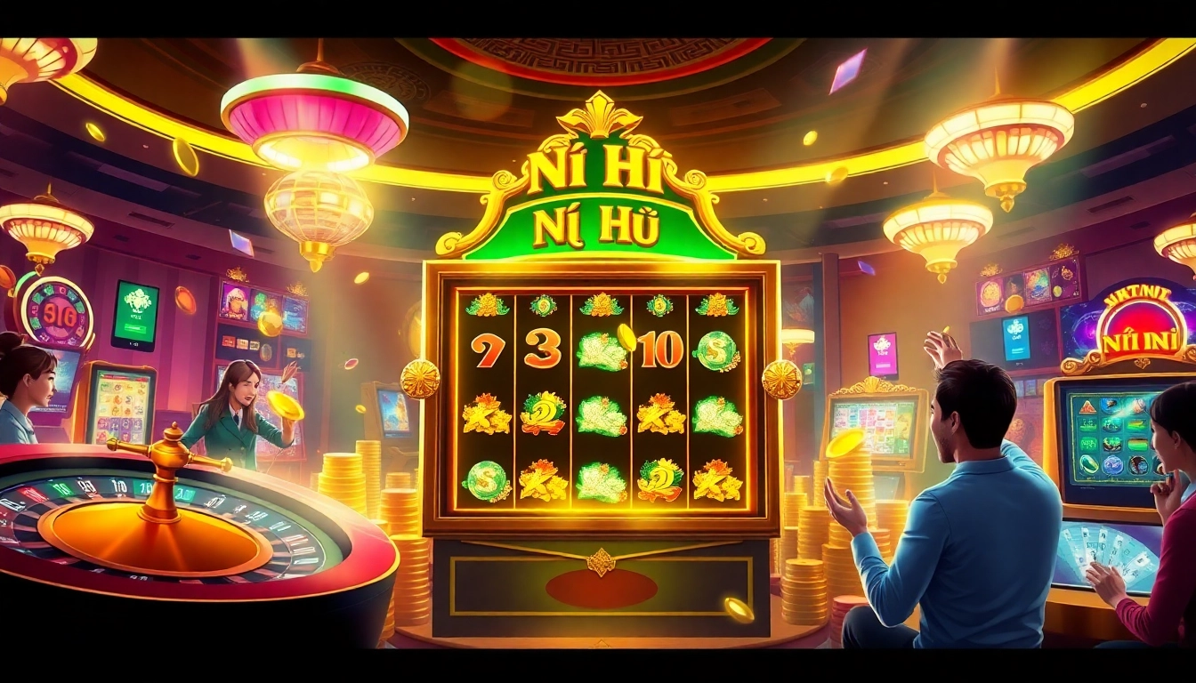 Nổ Hũ slot machine lighting up the casino floor with players celebrating wins.