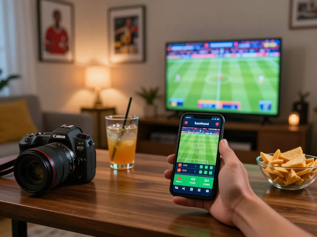 Engaged bettor checking keonhacai odds on a smartphone while enjoying a football match at home.