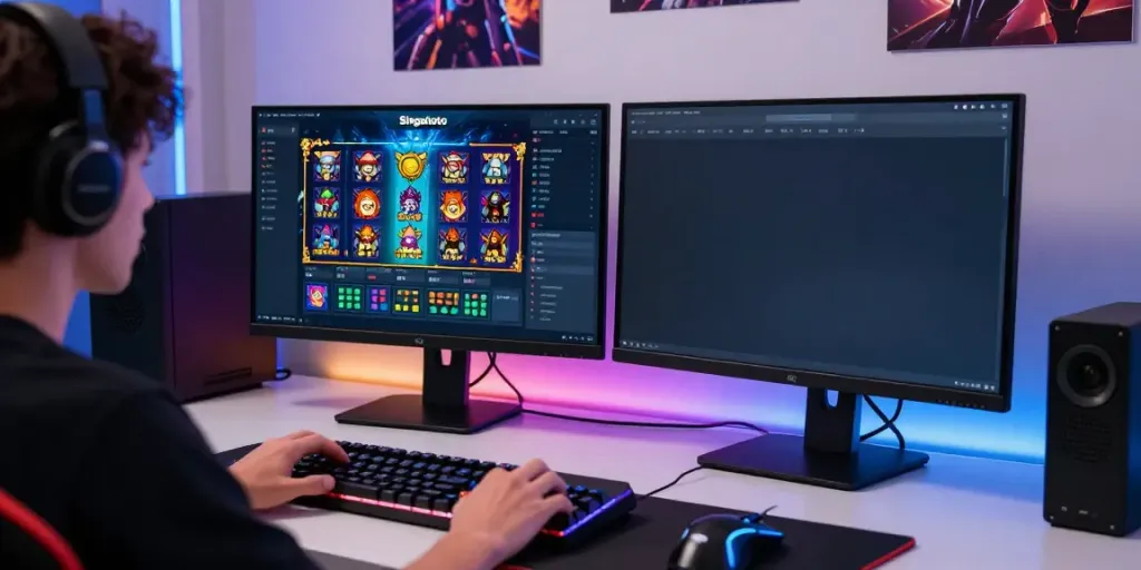 Player engaging with Singatoto online gaming platform on dual monitors, showcasing vibrant graphics.