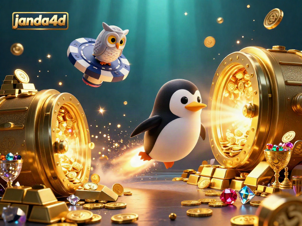 Janda4D menawarkan suasana permainan kasino dengan penguin emas yang meluncur di luar angkasa, dikelilingi kekayaan dan efek magis, menciptakan pengalaman menang yang mengesankan.
