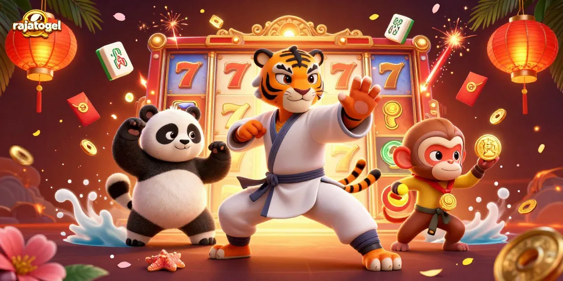Experience rajatogel excitement with 3D cartoon characters amidst dynamic slot reels and vibrant decorations.