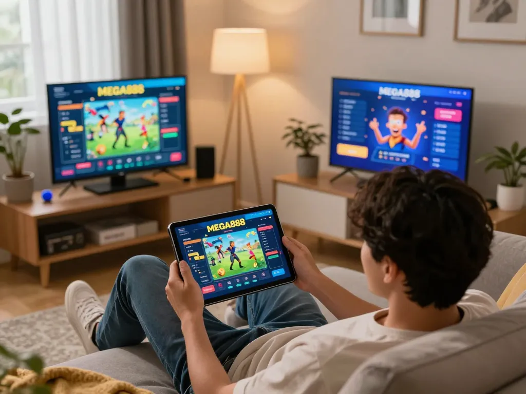 Playing free credit mega888 on a tablet in a cozy home gaming setup
