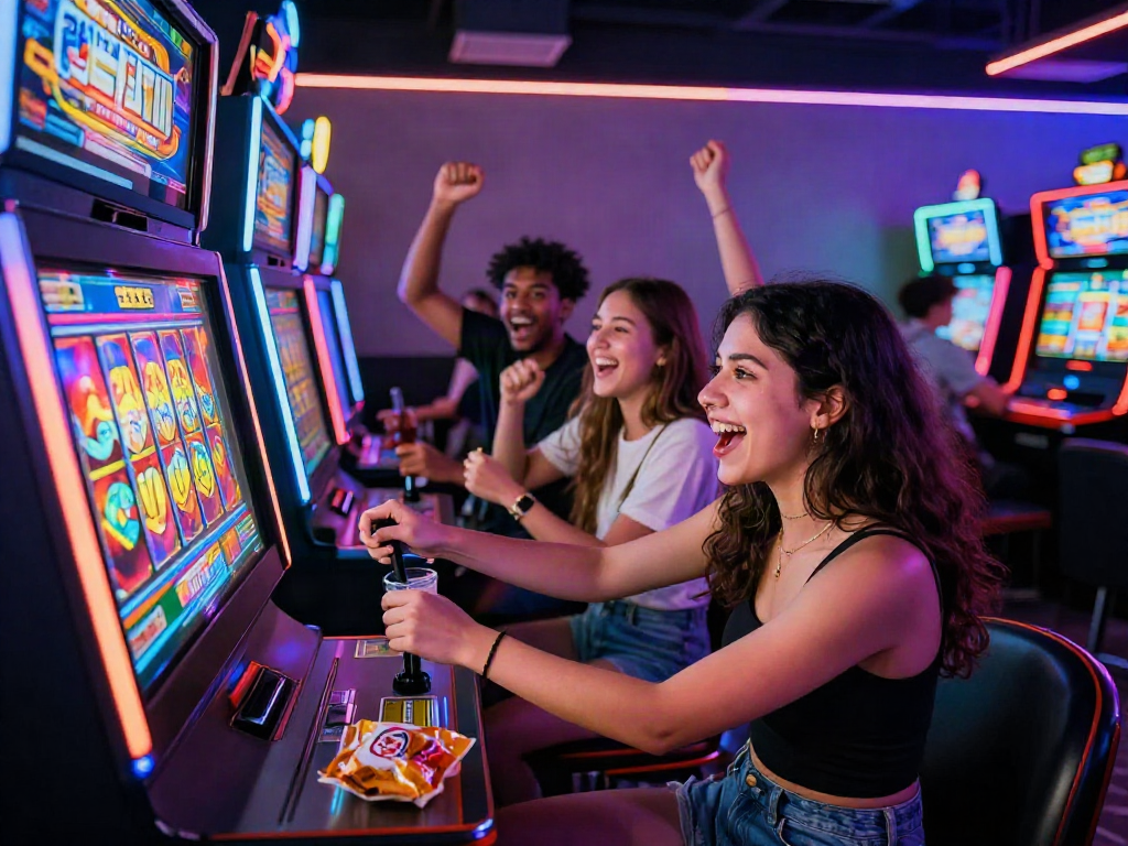 Exciting gaming lounge scene with players engaging in toto slot machines, vibrant atmosphere, and camaraderie.