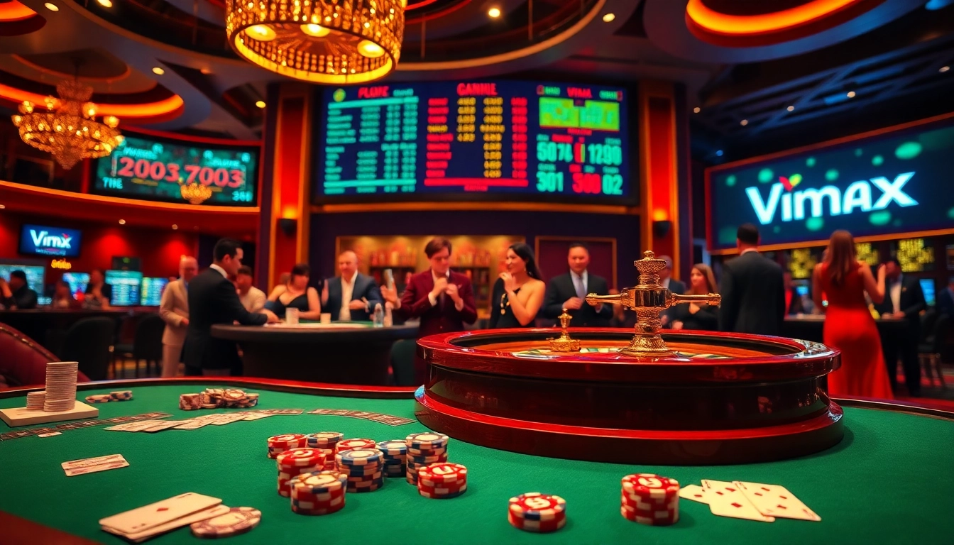 High-stakes gaming atmosphere at Vmax casino with roulette wheel and poker chips.