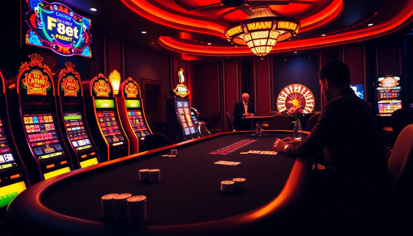 Engaging poker game at F8bet casino with colorful slot machines and roulette wheel.