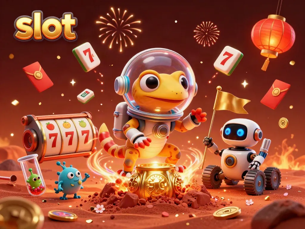 Slot dinamis dengan gecko Mars dan mesin slot di kasino emas.