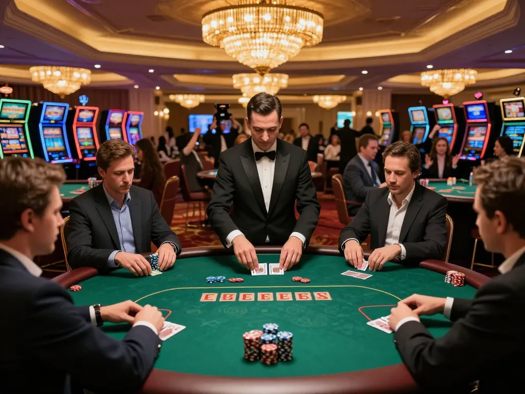 uu88 players strategizing at a high-stakes poker table in a lavish casino, capturing the thrill of gambling.