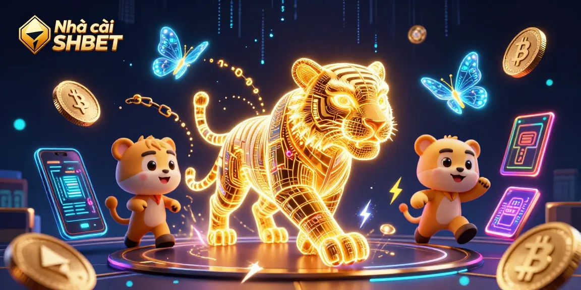 Engage with Nhà cái SHBET's dynamic digital casino featuring a glowing golden tiger and vibrant crypto elements.