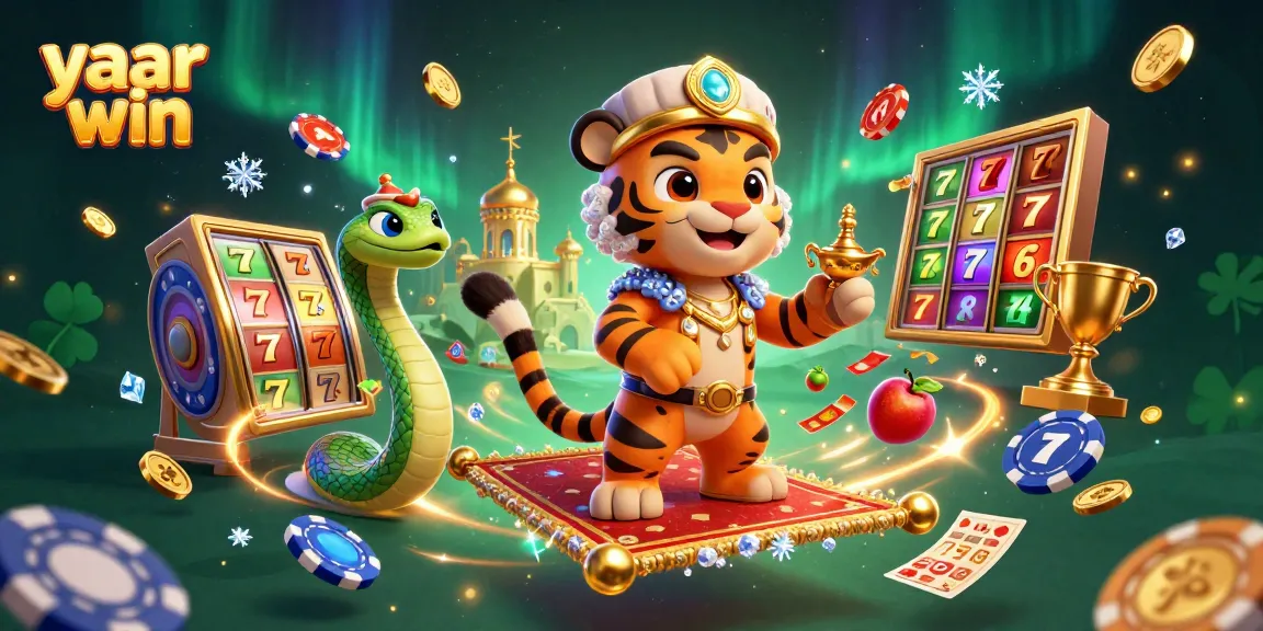 Experience the excitement of yaar win with a vibrant 3D illustration showcasing slots and jackpots.