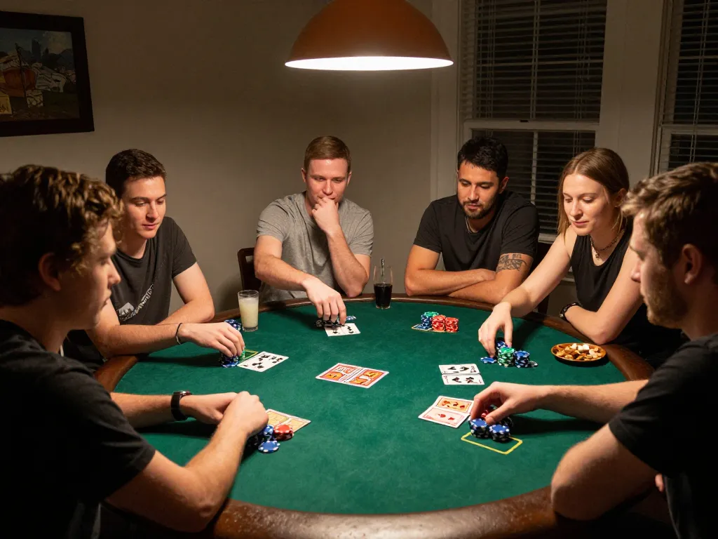 Engaged players analyzing their hands in a home poker night while enjoying togel sgp.