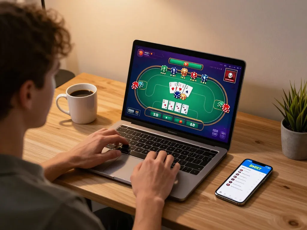 Player enjoying online poker gameplay on 8xbet app with cozy home atmosphere and warm lighting.