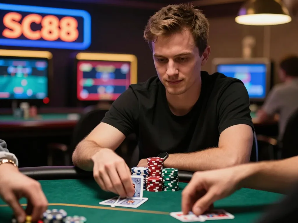 A player focused on their cards at SC88, showcasing strategic betting in an online poker game.