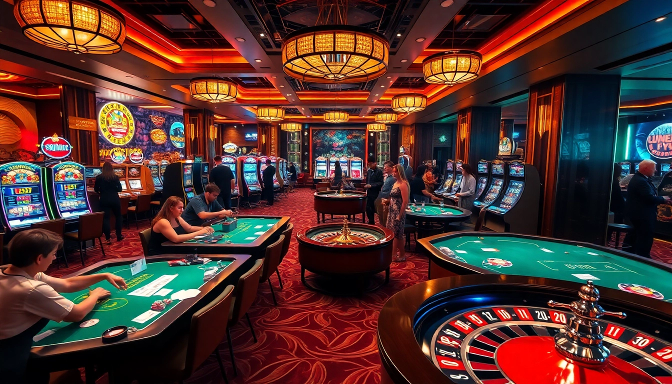 Players enjoying a lively gaming atmosphere at https://mk8th.net/ casino with poker tables and slot machines.