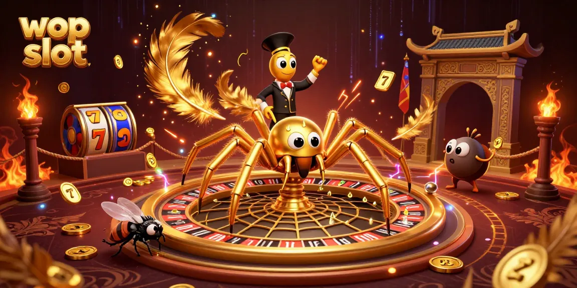Experience thrilling wop slot excitement with a golden spider spinning a roulette wheel web.