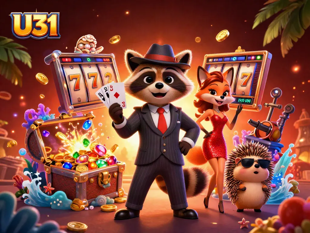Experience thrilling slots with U31, featuring a suave raccoon and alluring fox in a vibrant casino scene.