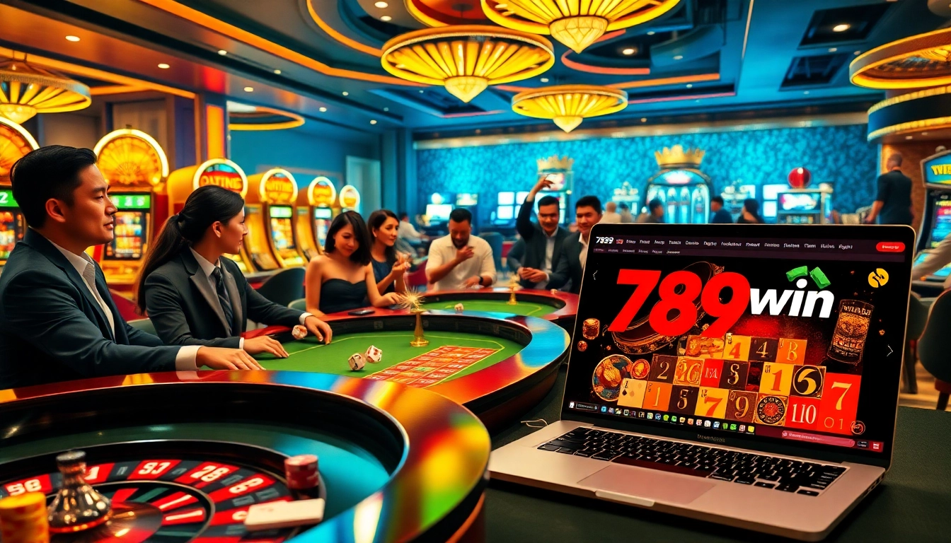 Exciting casino atmosphere featuring 789win branding with roulette, poker, and online gambling elements.