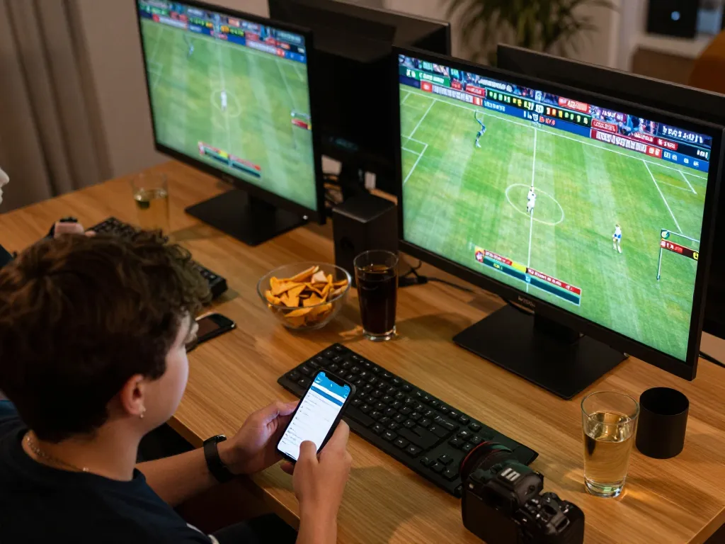 Soi Kèo betting on live football match with a detailed app interface and intense focus