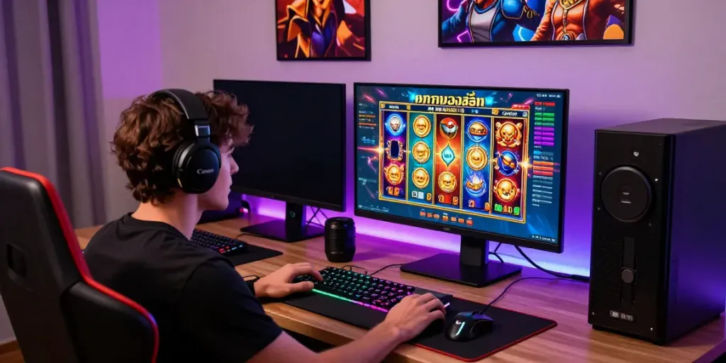 A player enjoying a ทดลองสล็อต online game on a stylish desktop, showcasing vibrant graphics and gaming accessories.