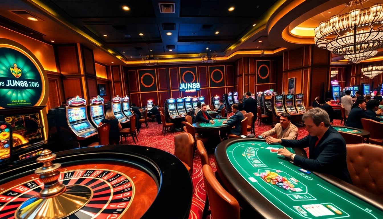 Players enjoying a thrilling gaming experience at Jun88's vibrant casino tables.