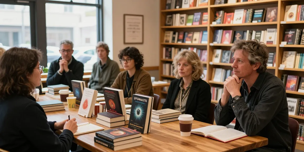 Engaging literary scene showcasing T Allen Greenfield and UFOnauts at https://tallengreenfield.com with cozy bookstore ambiance.