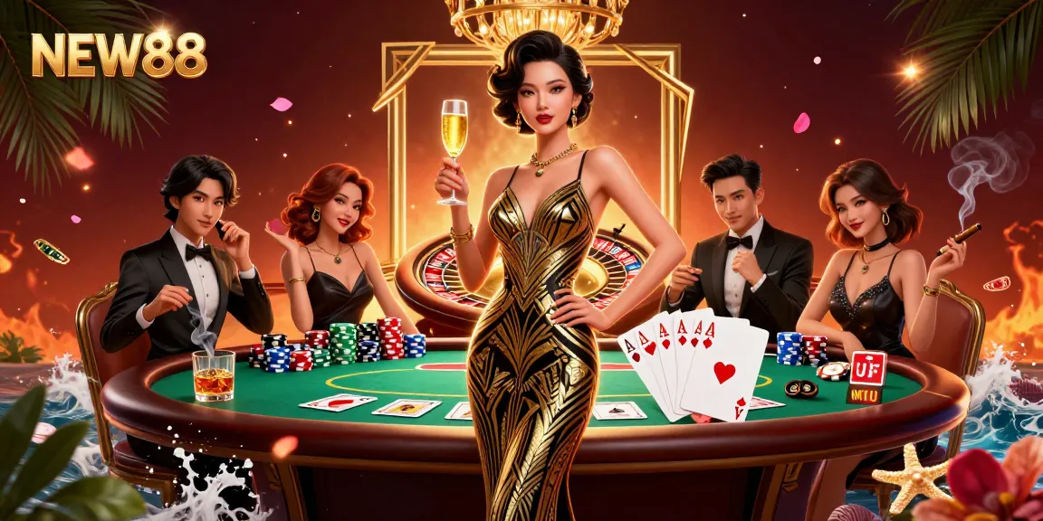 Experience the excitement of NEW88 with a glamorous casino scene featuring elegant gaming elements.