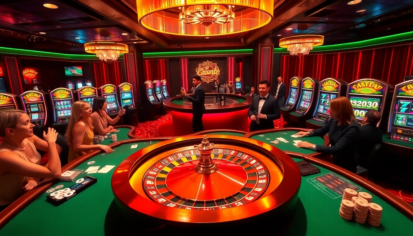 Gamblers enjoying the excitement of casino games at https://nh8833.com/ with vibrant roulette wheels and poker tables.
