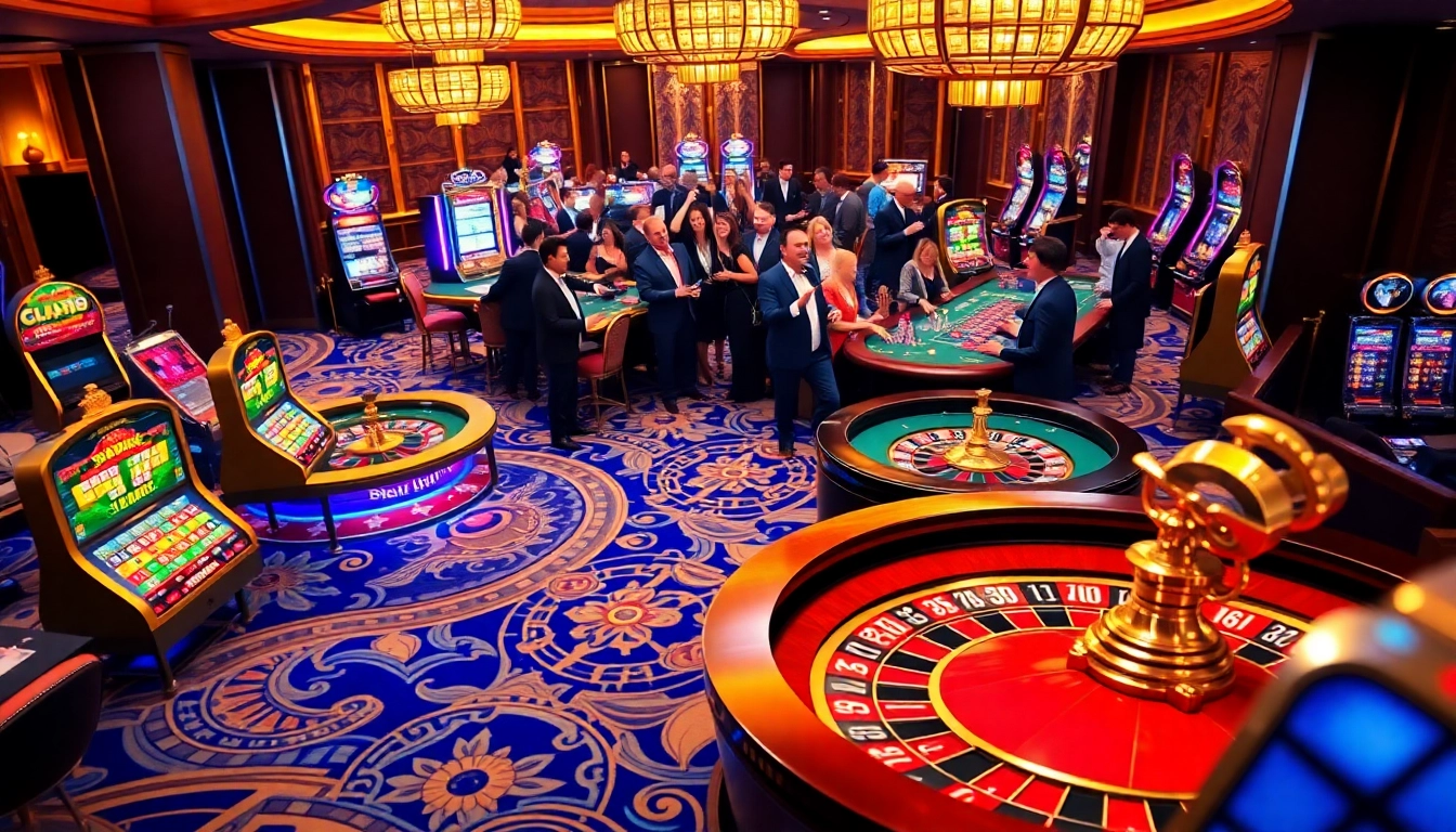 Exciting casino scene showcasing jw8 ทางเข้า with vibrant gaming tables and lively players.