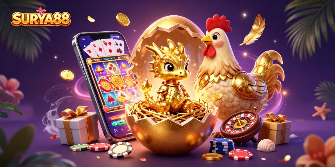 SURYA88 showcases a vivid scene with a baby gold dragon on poker chips and a golden hen, creating exciting casino energy.