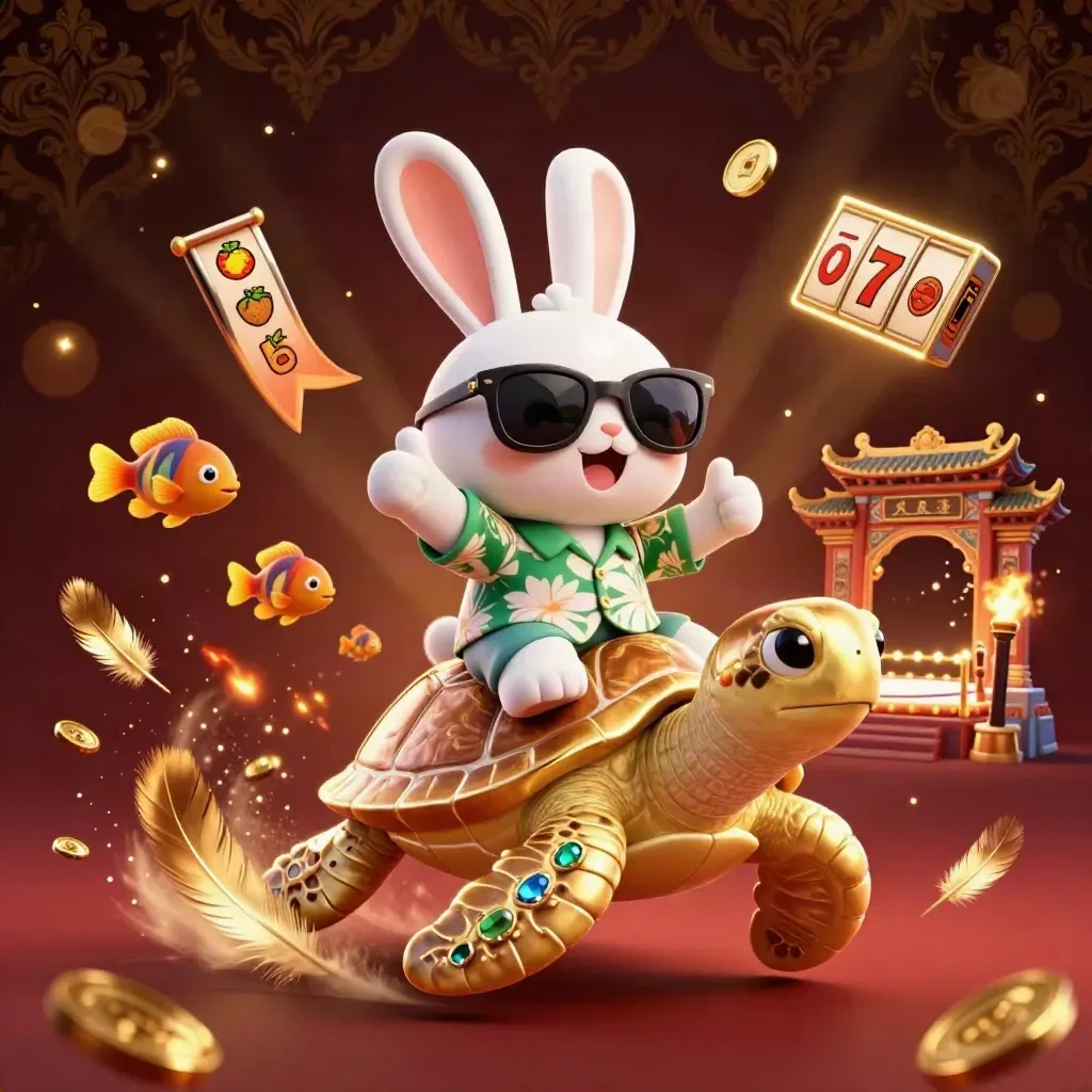 Lucky rabbit on a jeweled sea turtle amid gold coins, temple gate, and casino sparks.