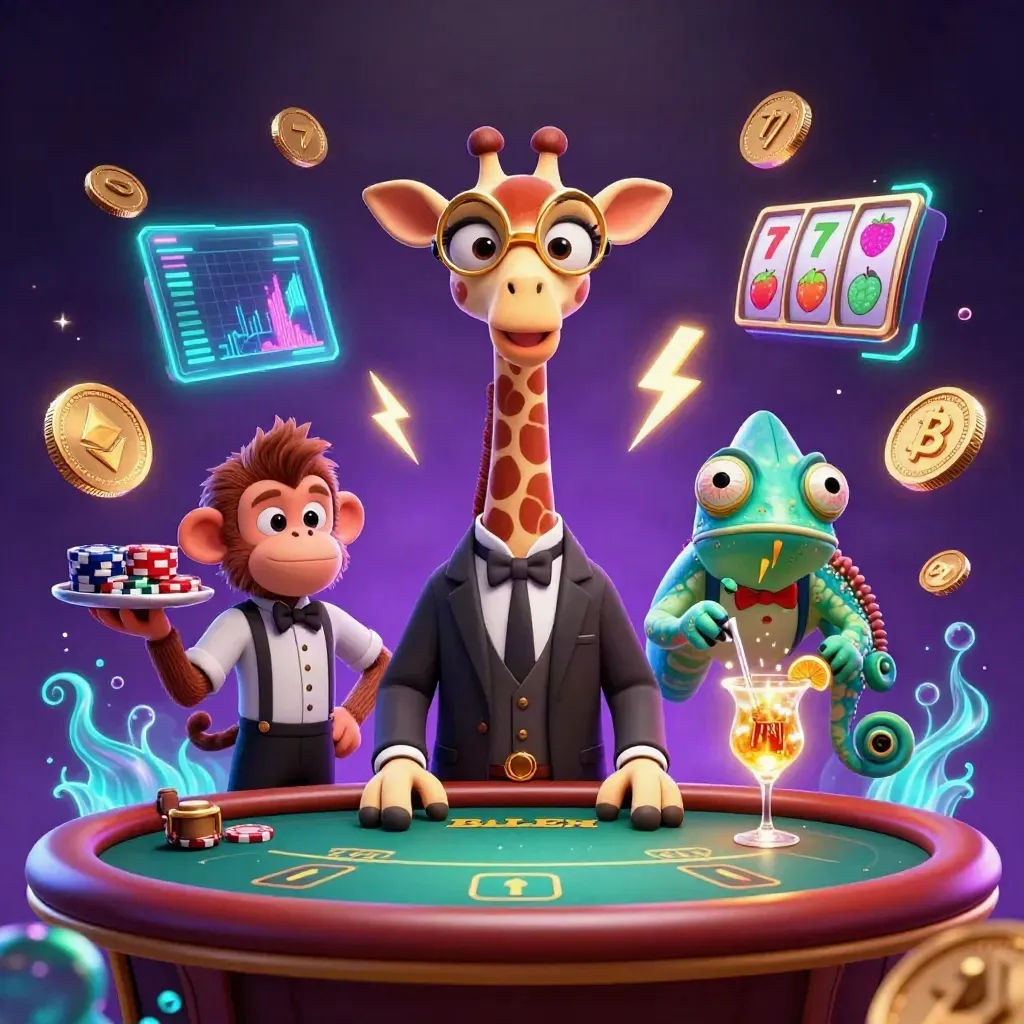 Giraffe, monkey, and chameleon at a glowing casino table with coins and neon effects.