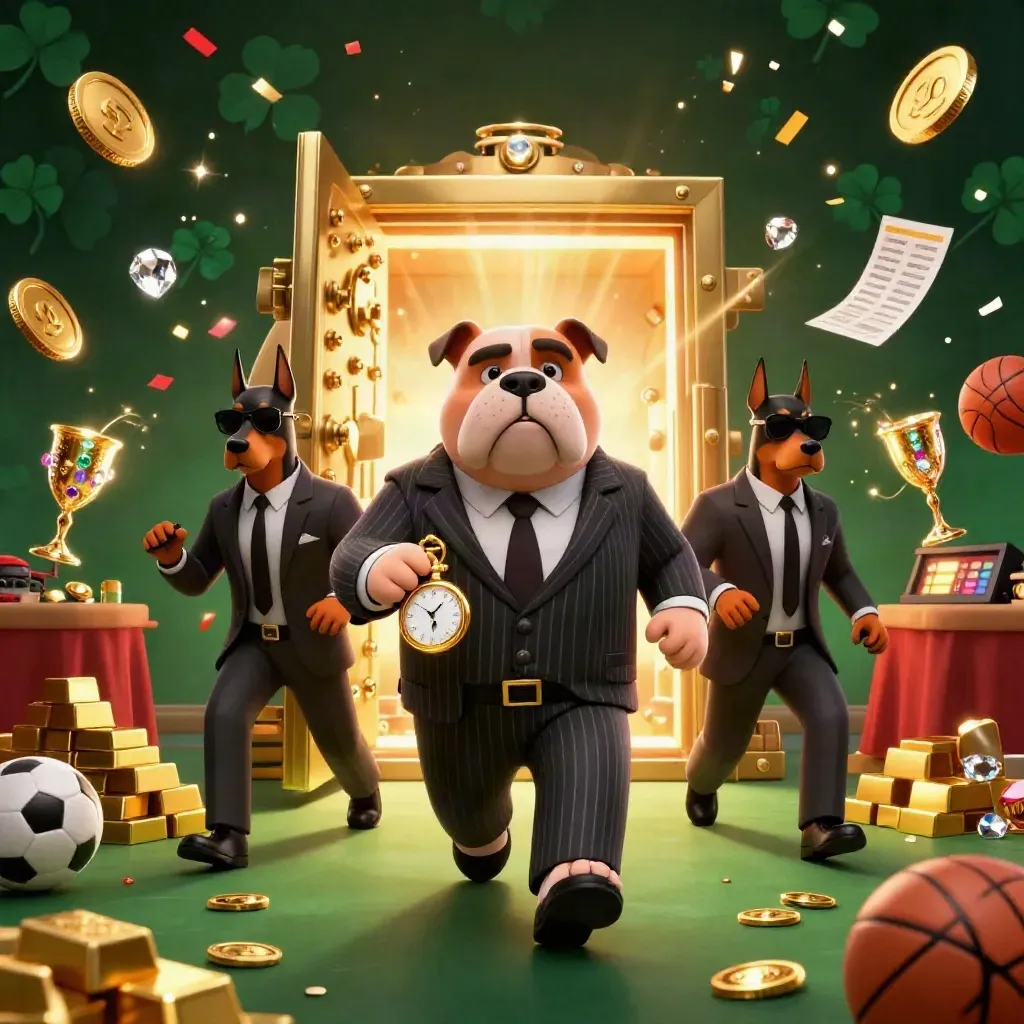 Bulldog boss with two Doberman guards amid vault gold, fireworks, and casino props.