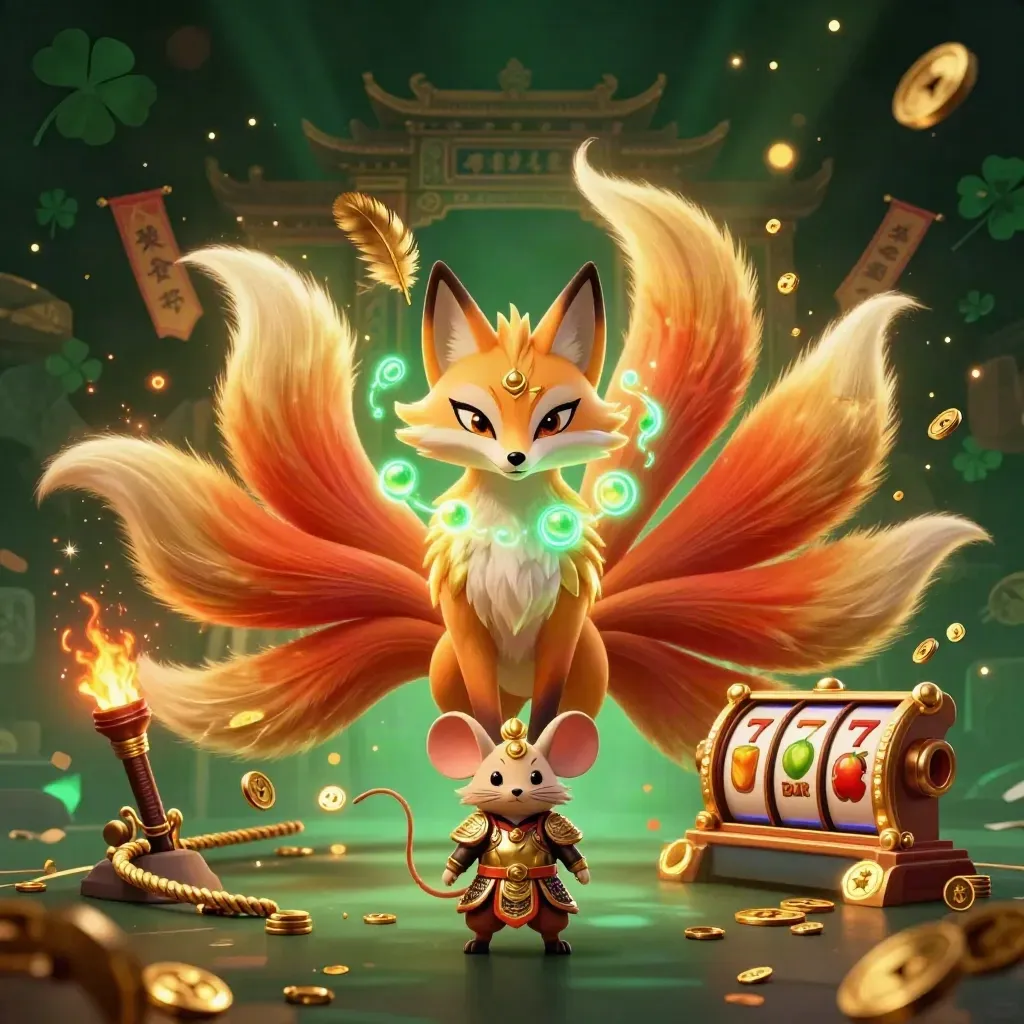 Nine-tailed fox spirit and golden mouse amid casino relics, reels, coins, and emerald-gold glow.