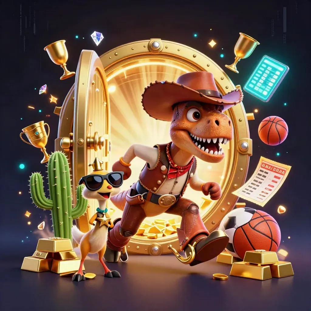 Cowboy T-Rex, cactus and roadrunner amid a glowing treasure vault and casino riches