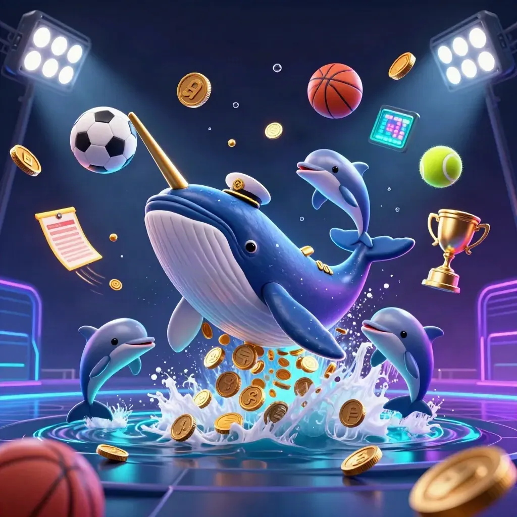 Cartoon whale, narwhal, and dolphins in a neon coin sea with casino props and sports balls.